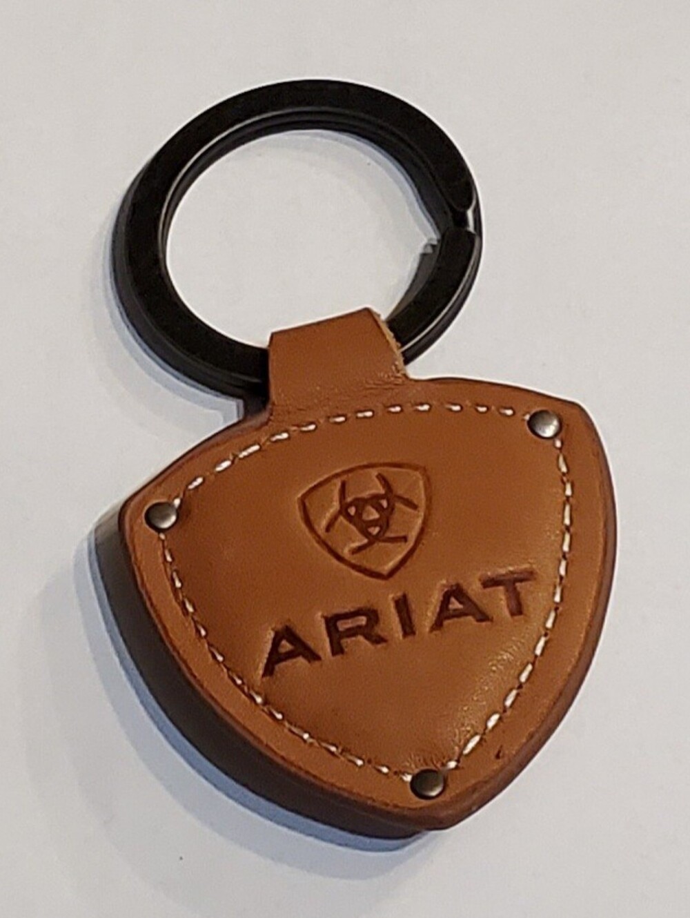 Ariat Tan Leather Shield Key Ring with Black Metal Loop